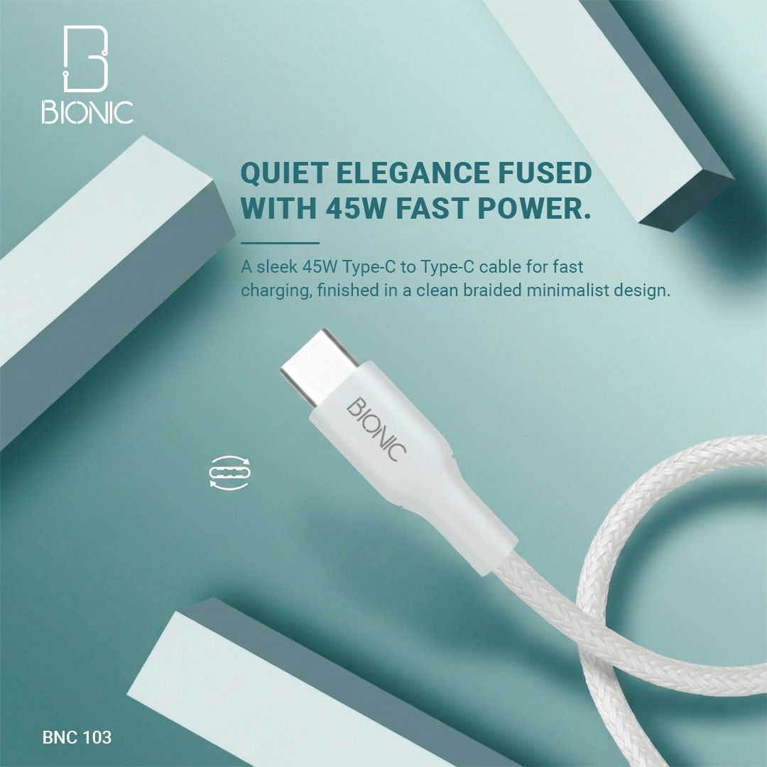 BIONIC 45W USB C TO C FAST CHARGING CABLE(WHITE)